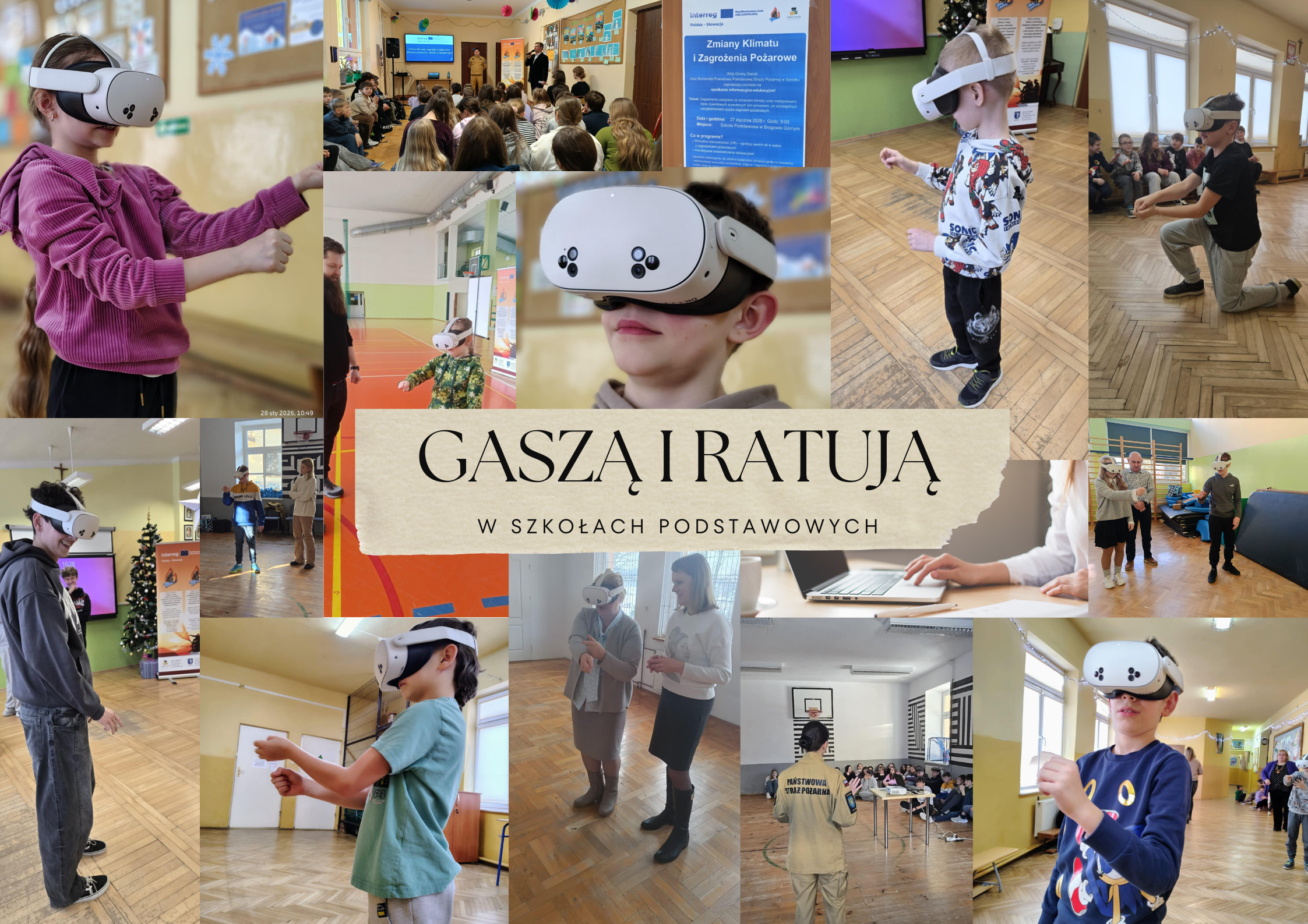 kolaż zdjęć- podsumowanie spotkań edukacyjnych w szkołach podstawowych w ramach projektu Gaszą i Ratują